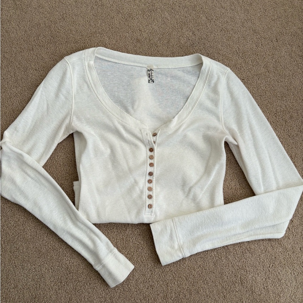 Free People Cream Waffle Knit Long Sleeve Bodysuit
